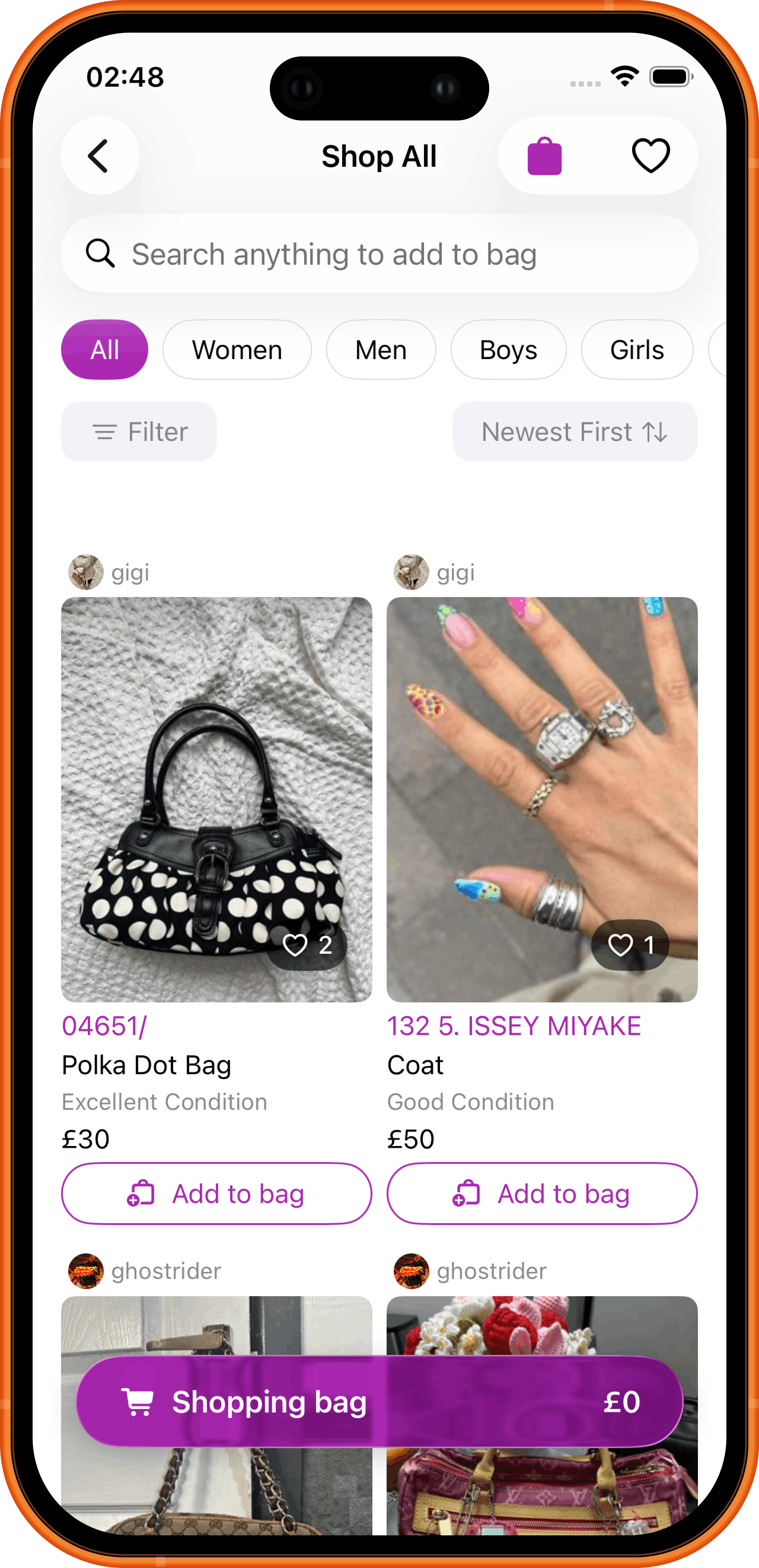 Wearhouse app, home and discover